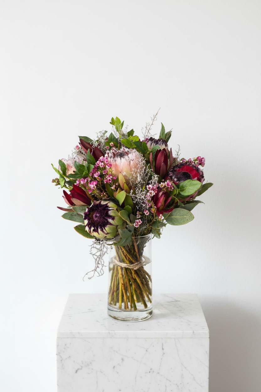 Vibrant Protea Wild Bloom bouquet of mixed flowers showcasing bold pink and green floral arrangements.