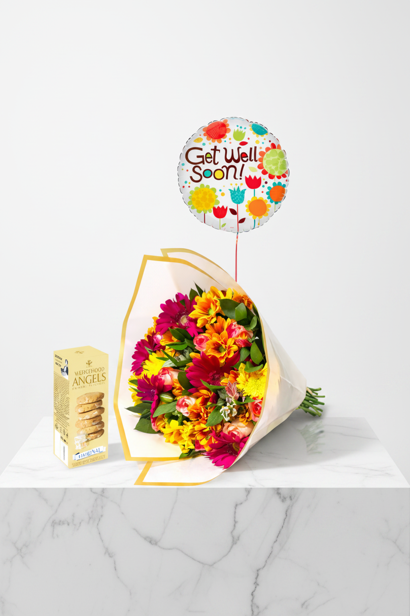 Bright floral arrangement from Jihaans Flower Emporium's Vibrant Wishes Get Well Set featuring colorful blooms and cheerful greenery.