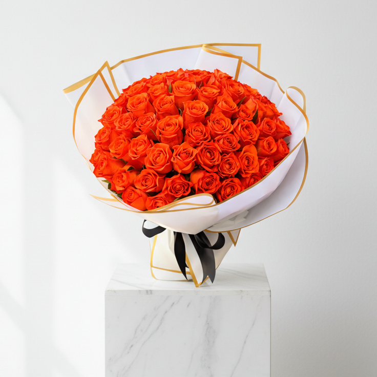 Fresh 50 stem orange roses from My Store, showcasing vibrant blooms with lush green leaves, perfect for floral arrangements.