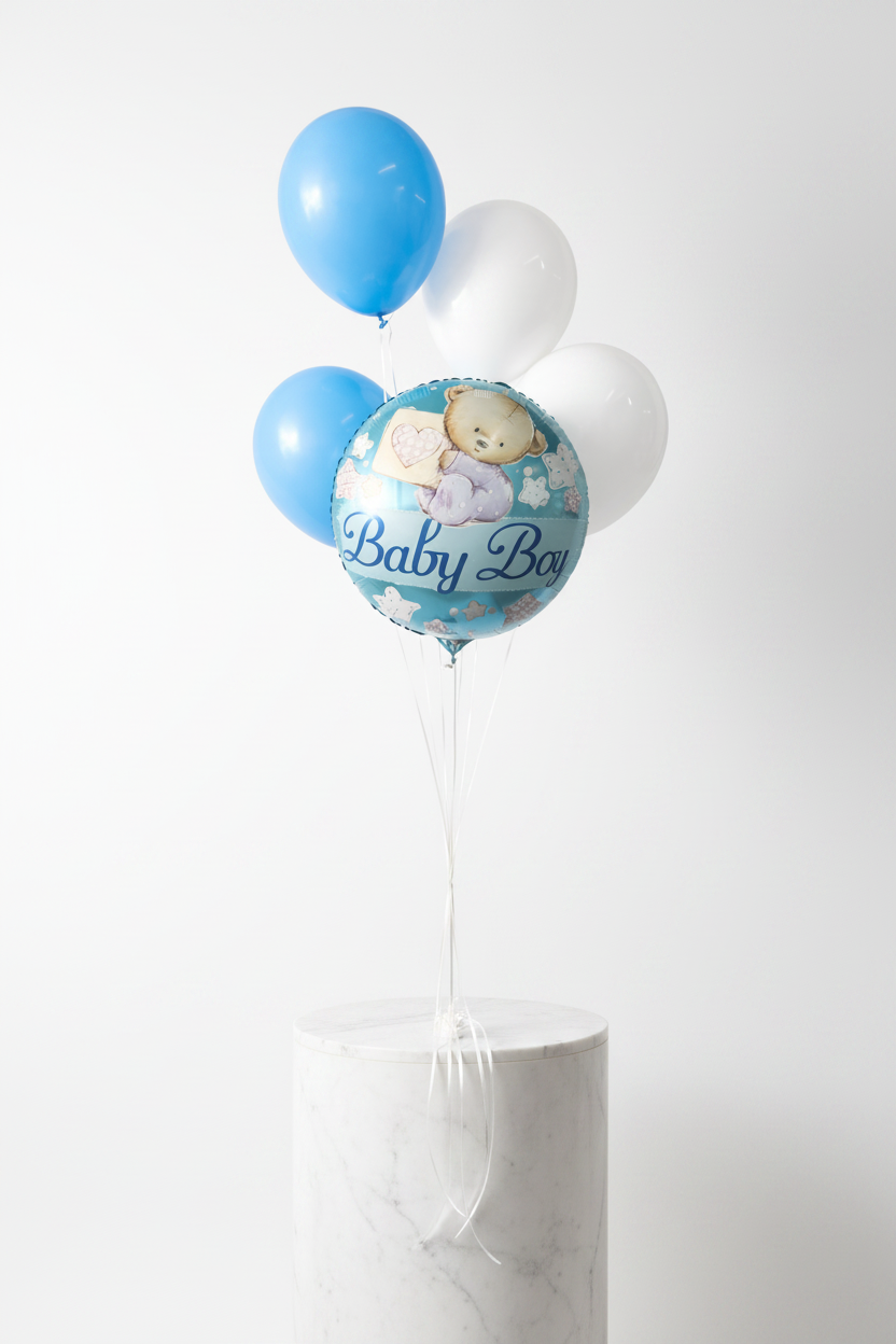 Colorful baby boy themed balloon set featuring blue, yellow, and white balloons for celebration or party decorations.