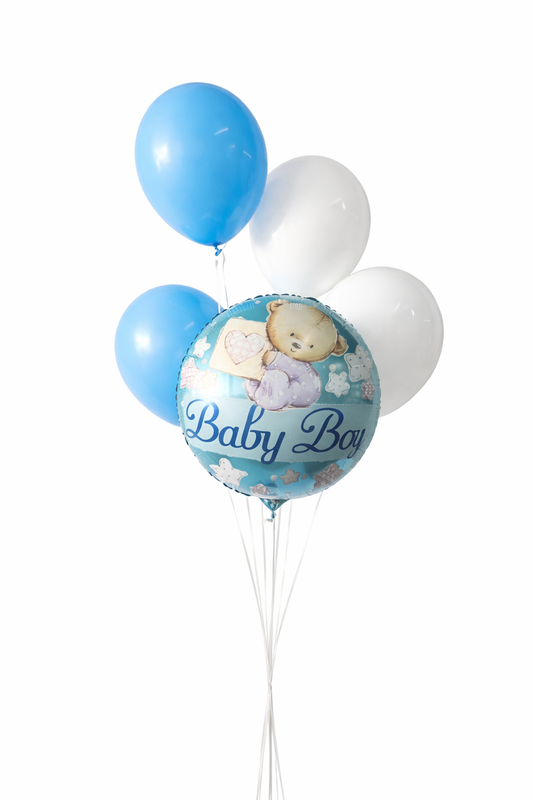 Colorful baby boy themed balloon set featuring blue, yellow, and white balloons for celebration or party decorations.