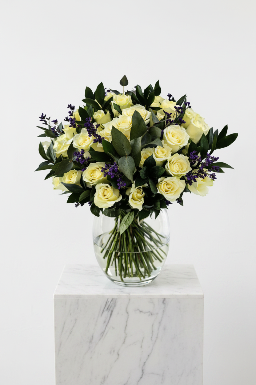 Large floral arrangement in a vase, featuring fresh flowers and greenery, displayed in a clear glass vase.