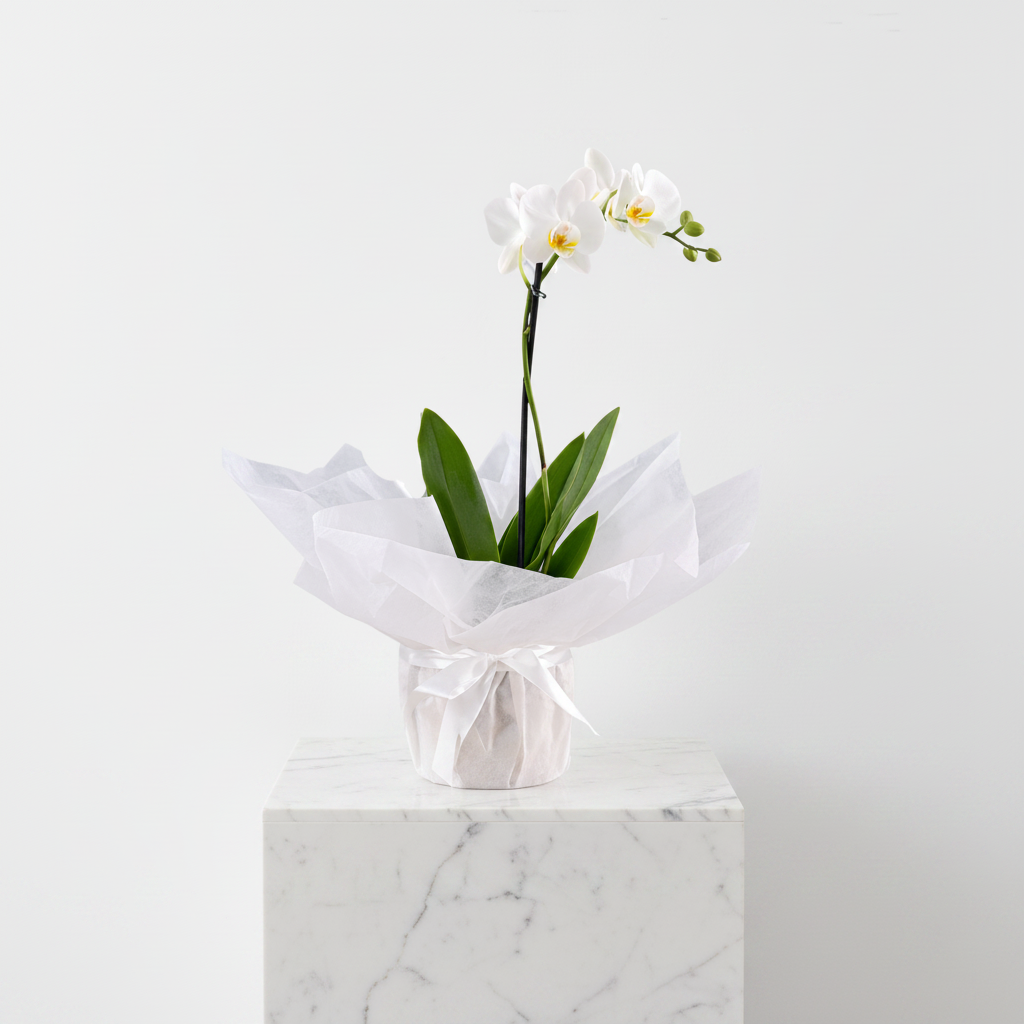 Beautiful planted Orchid flower in a decorative pot, showcasing vibrant blooms and lush green leaves.