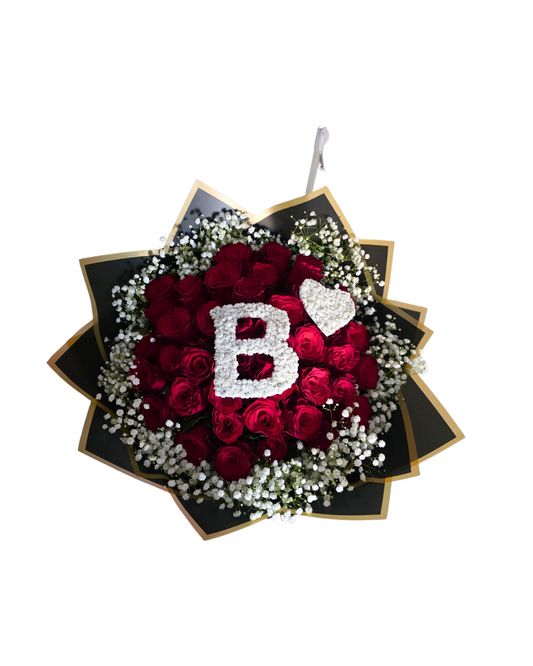 40 Stem Roses and Babies Breath  (with one Letter and a heart)  - Choose your own Colour - Jihaans Flower Emporium