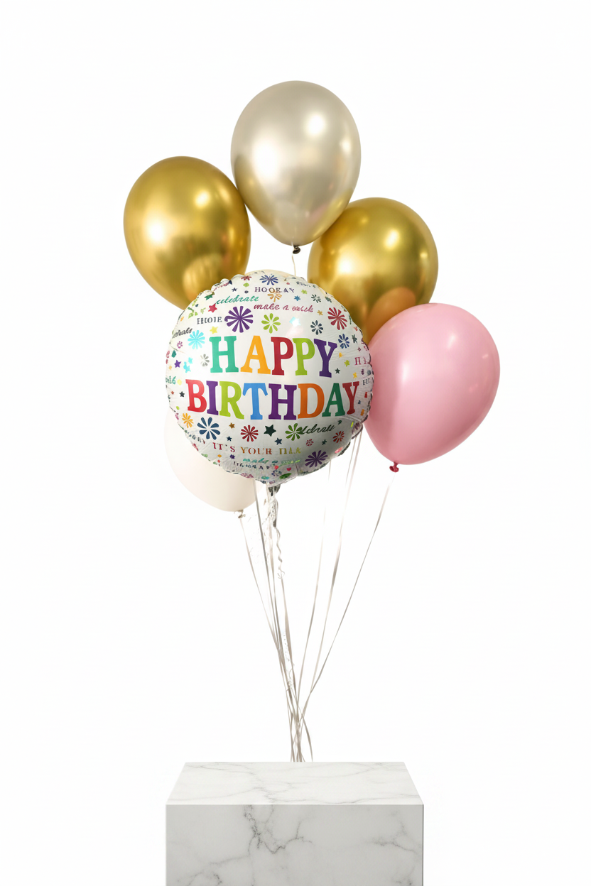 Six pink birthday balloons in a set, featuring glossy surface and festive design, perfect for celebration decorations.