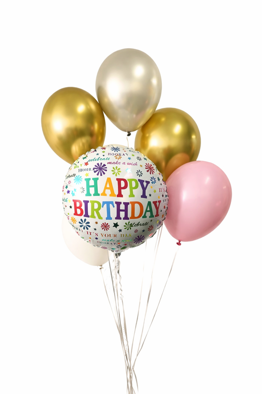 Six pink birthday balloons in a set, featuring glossy surface and festive design, perfect for celebration decorations.