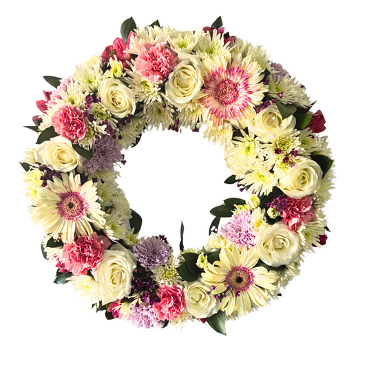 Large Funeral and Sympathy Wreath (Blush Pinks and white) - Jihaans Flower Emporium