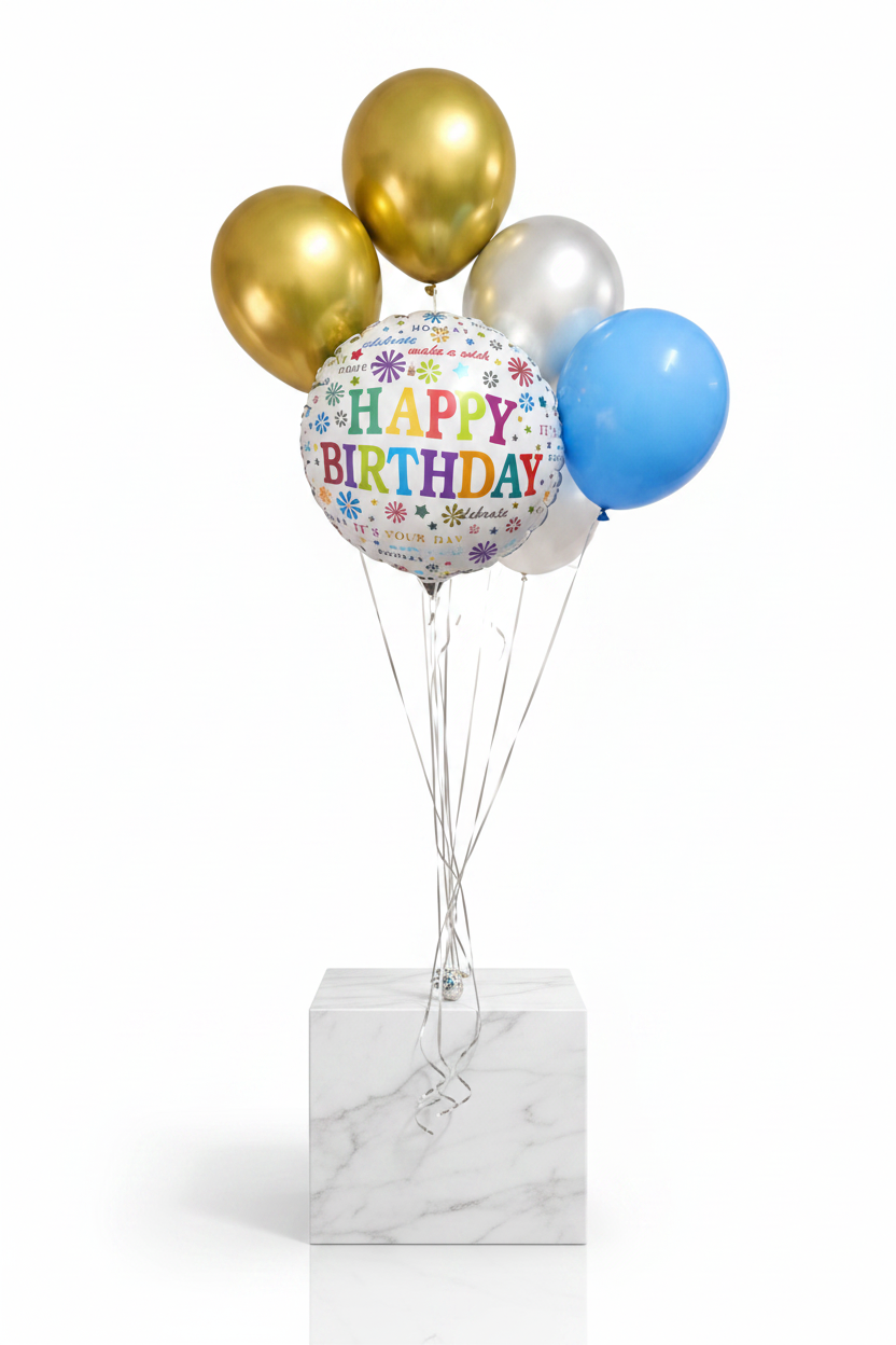 Six blue birthday balloons with "Happy Birthday" text, colorful confetti designs, perfect for celebration decorations.