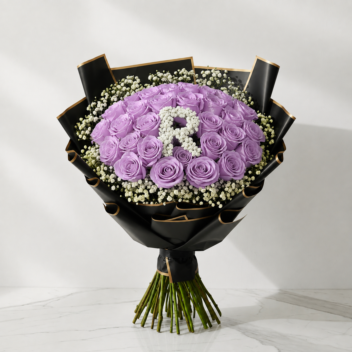 30-Stem Roses with Baby's Breath, Colour of Your Choice & One Letter