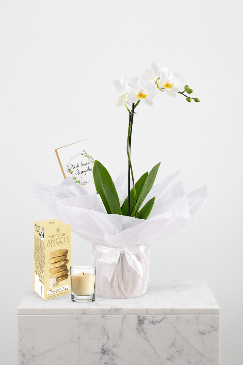 Pink and white orchids from Jihaans Flower Emporium's Pure Serenity Orchid Set, arranged in a decorative floral display.