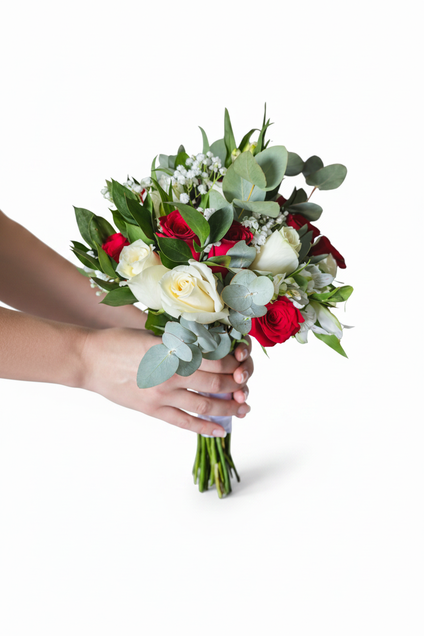 Red and white bridal bouquet with roses and greenery, featuring elegant floral arrangement for weddings and special occasions.