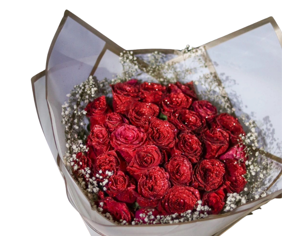 Glitter Rose Bouquet with Babies Breath (assorted sizes and colour's) - Jihaans Flower Emporium