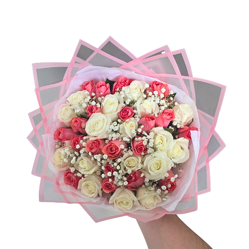 40 Stem pink and white Roses with Babies Breath