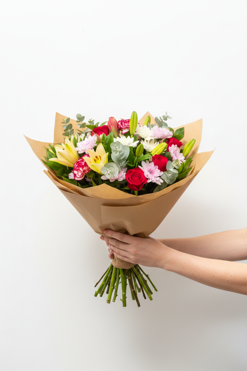 Colorful Harmony Arrangement with mixed flowers in a stylish bouquet, ideal for home décor or special occasions.
