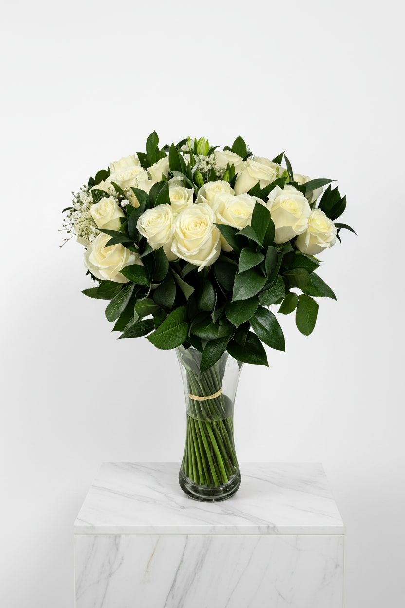White roses bouquet with 36 blooms arranged in a clear glass vase, elegant floral display by My Store