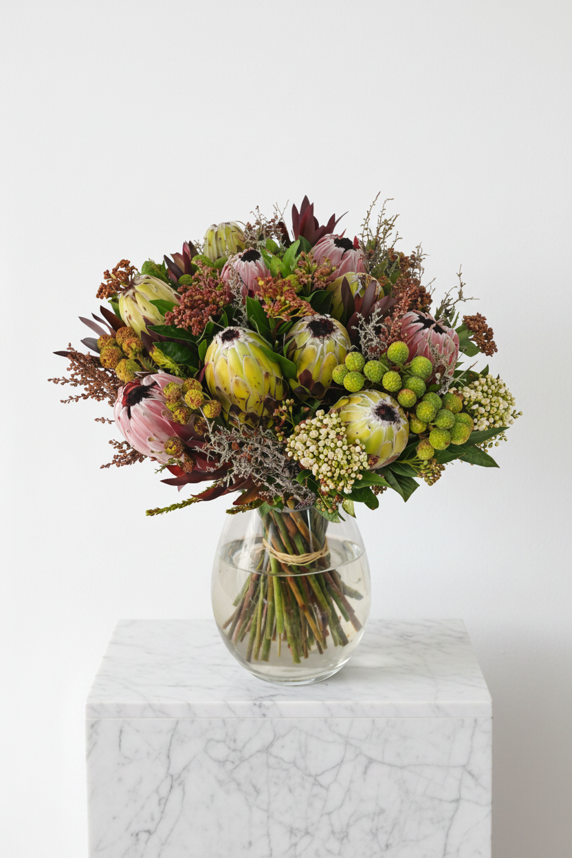 Beautiful African Dream Protea bouquet featuring vibrant, exotic flowers arranged in a stylish floral display.