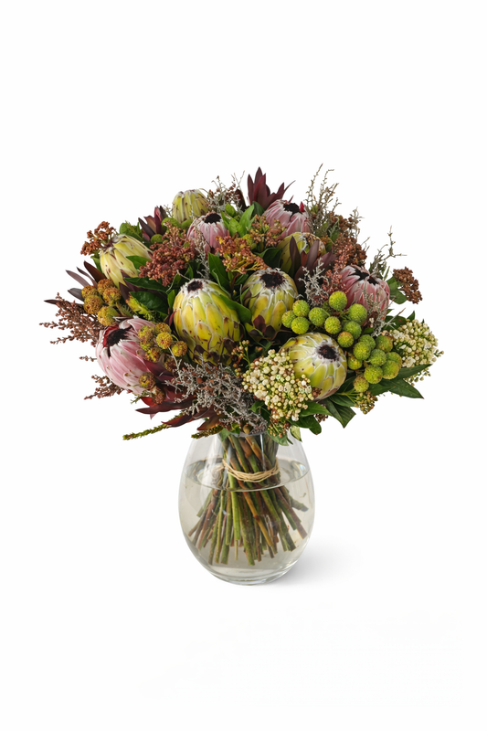 Beautiful African Dream Protea bouquet featuring vibrant, exotic flowers arranged in a stylish floral display.