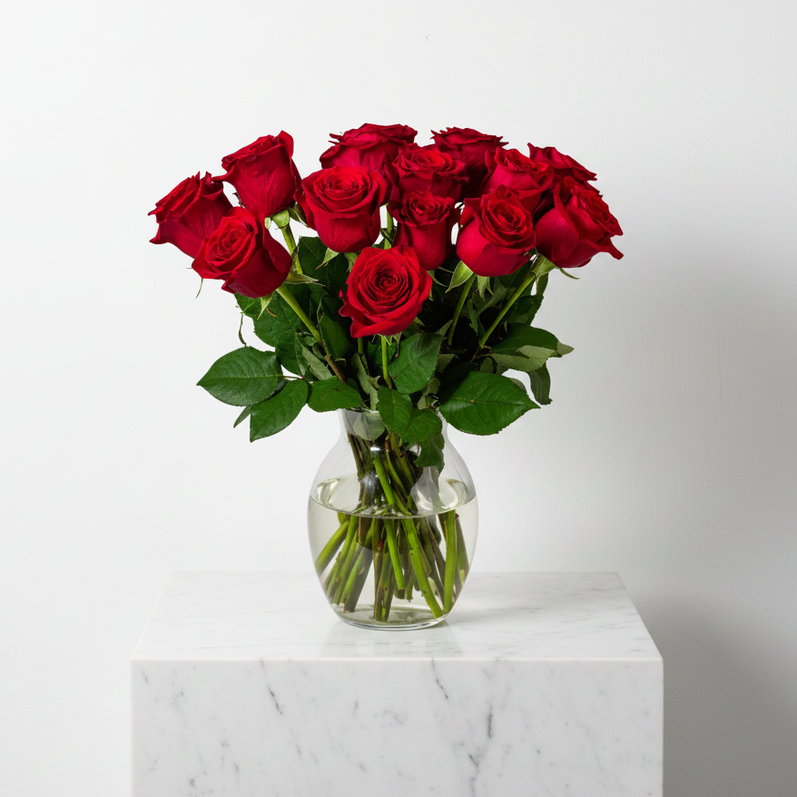 Red roses arranged in a clear glass vase, featuring a bouquet of 15 vibrant roses for elegant floral display.