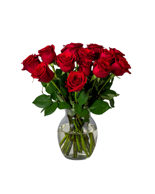 Vase with a beautiful arrangement of 15 vibrant red roses, perfect for romantic or special occasions.