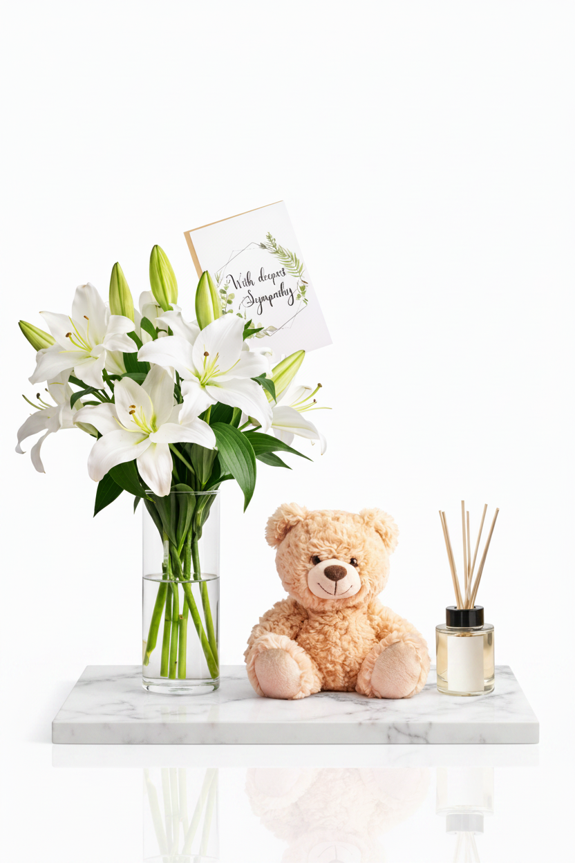 Tender Embrace Set by Jihaans Flower Emporium with soft pastel flowers and elegant floral arrangements in a decorative display.