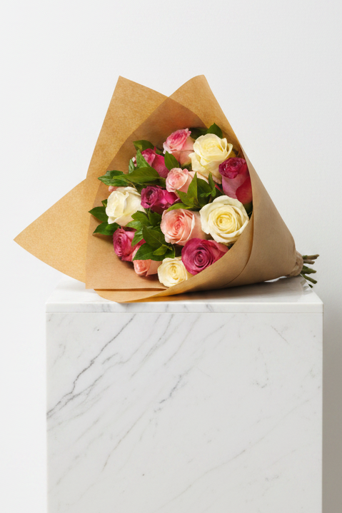 Pastal Roses Arrangement featuring soft pink, peach, and lavender roses in a beautiful floral display.