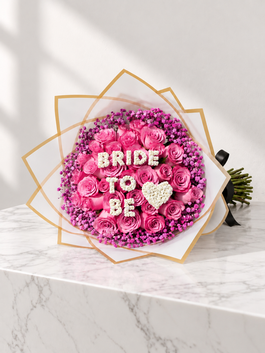 30 Stem purple Roses & pink baby's breath (with 'Bride to be')