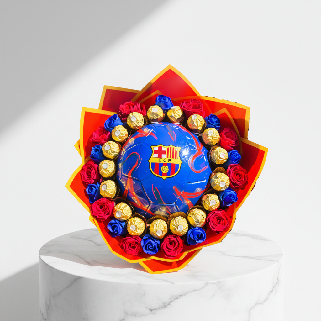 FC Barcelona-themed chocolate and rose bouquet featuring fresh roses and decorative chocolates from Jihaans Flower Emporium.