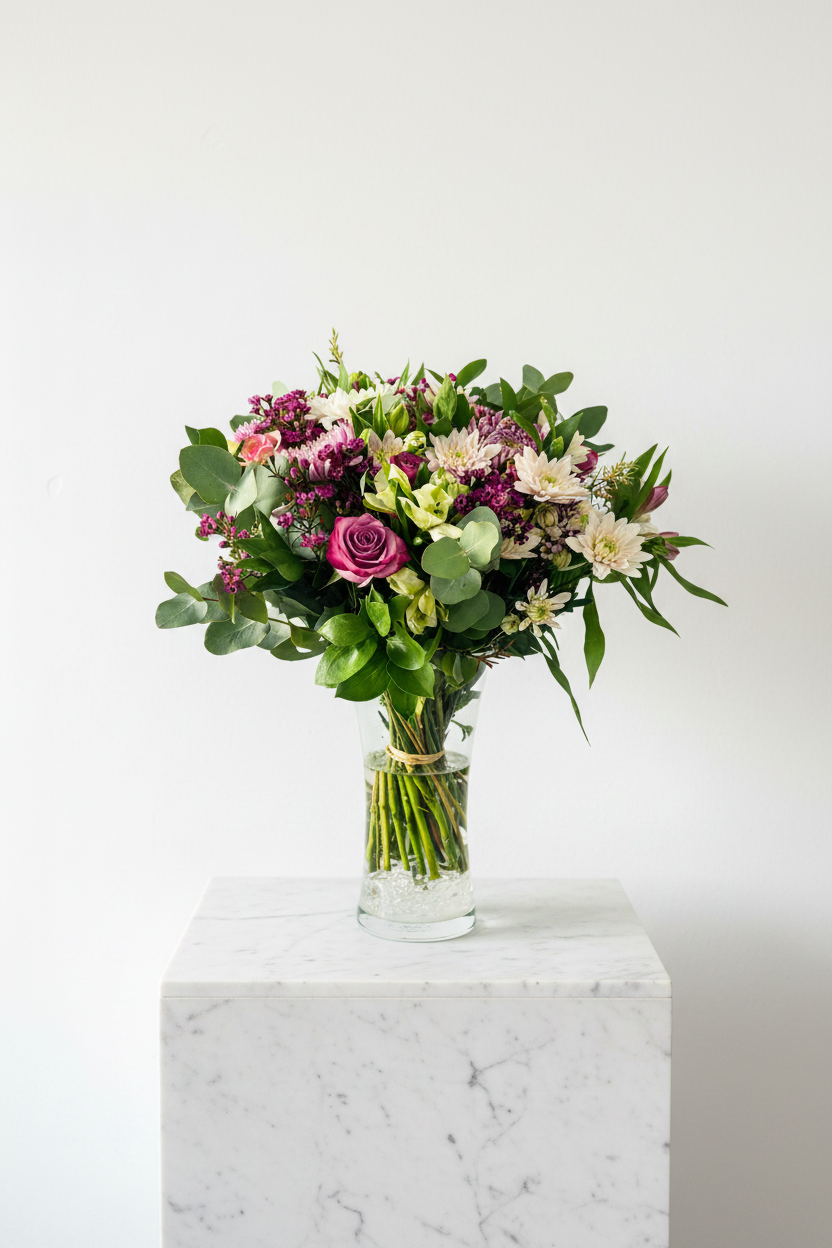 Lavender Whispers vase with fresh lavender flowers in a clear glass vase on a neutral background.