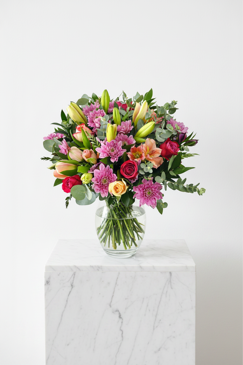 Elegant Harmony flower arrangement in a clear glass vase, featuring colorful blooms and lush greenery.