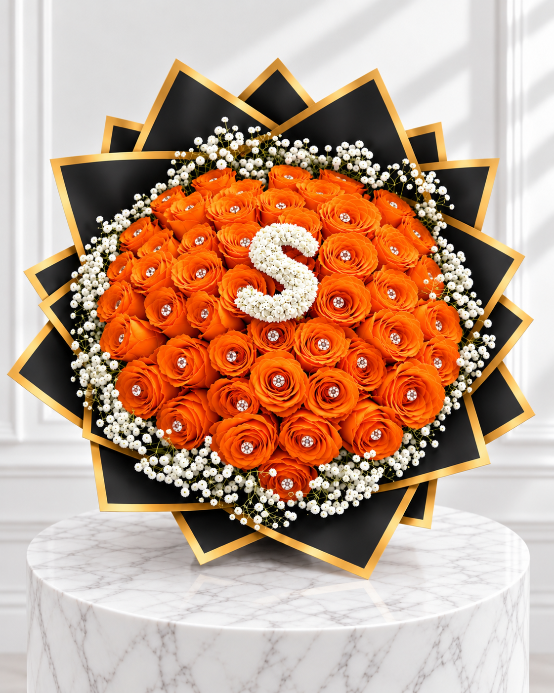 50-Stem Roses with Baby's Breath & Diamonds, Colour of Your Choice & One Letter