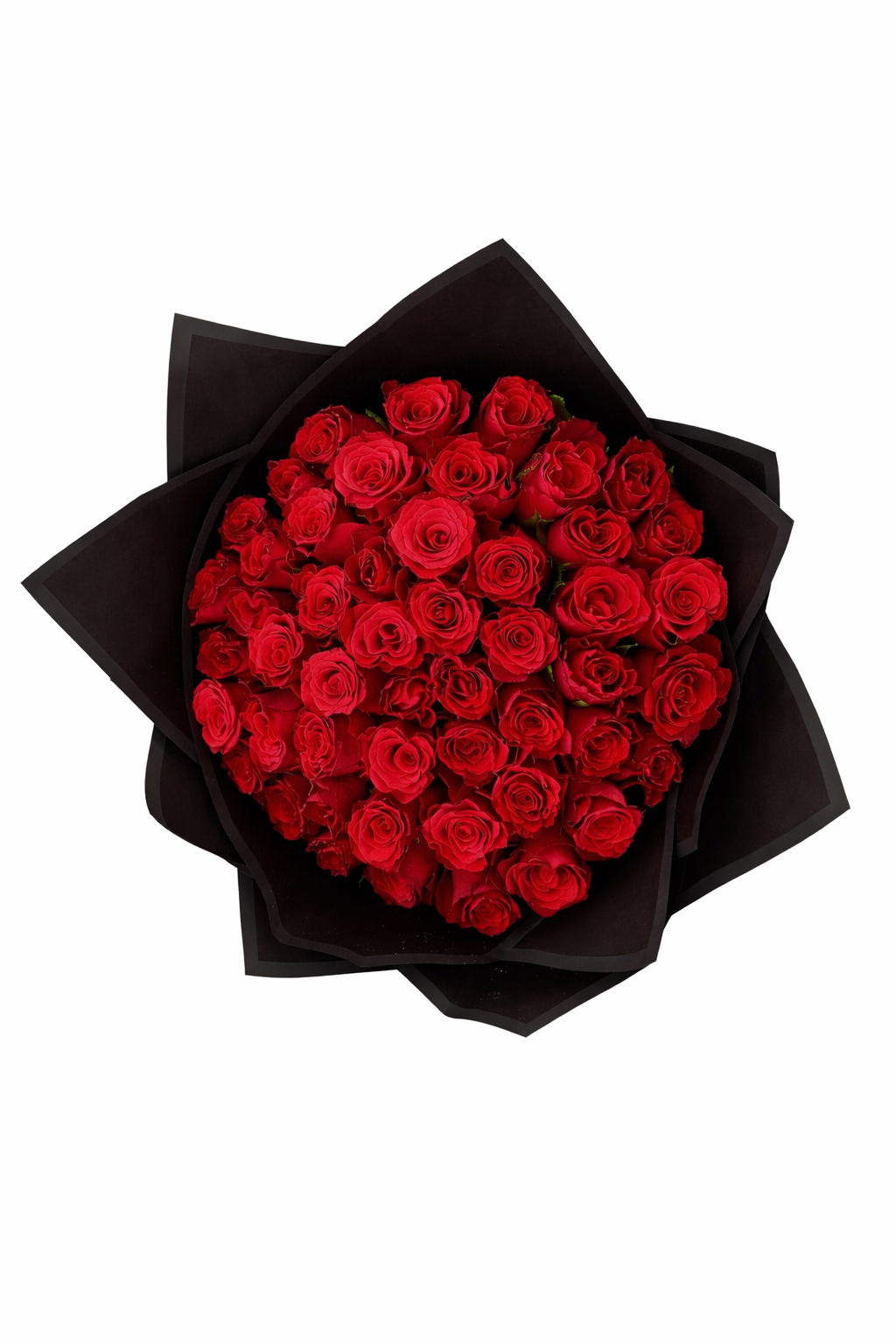 Red 50-stem roses in a bouquet, fresh and vibrant, perfect for romantic occasions or special celebrations.