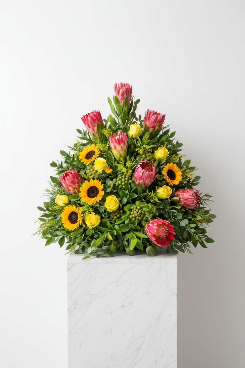 Upright floral arrangement with protea and sunflower flowers in a natural display, perfect for home decor.