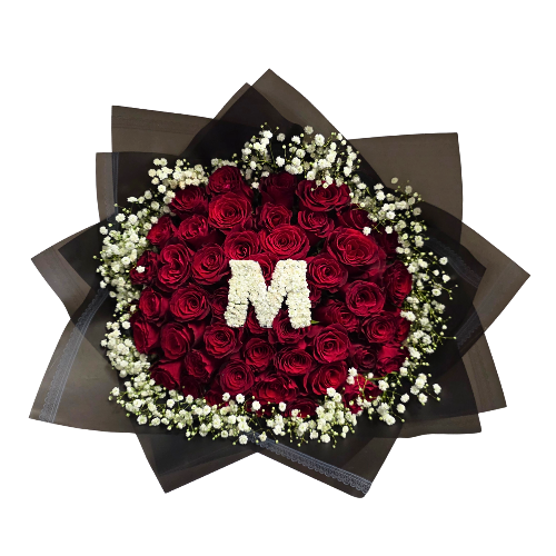 50 Stem Roses and Babies Breath  (with one Letter)  - Choose your own Colour - Jihaans Flower Emporium