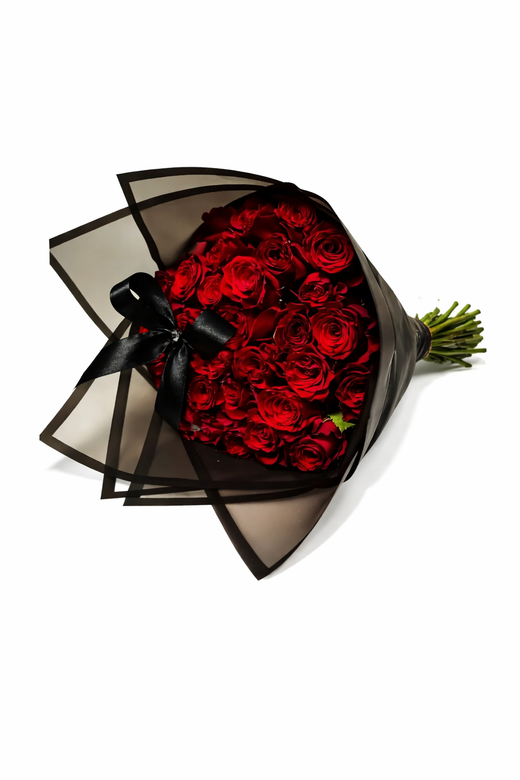 Red rose stems with a bow, arranged as a bouquet, featuring 30 fresh red roses for special occasions.