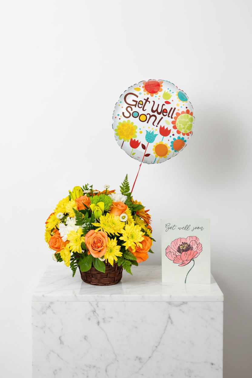 Bright Wishes gift basket from Jihaans Flower Emporium with colorful floral arrangements and decorative wrapping.