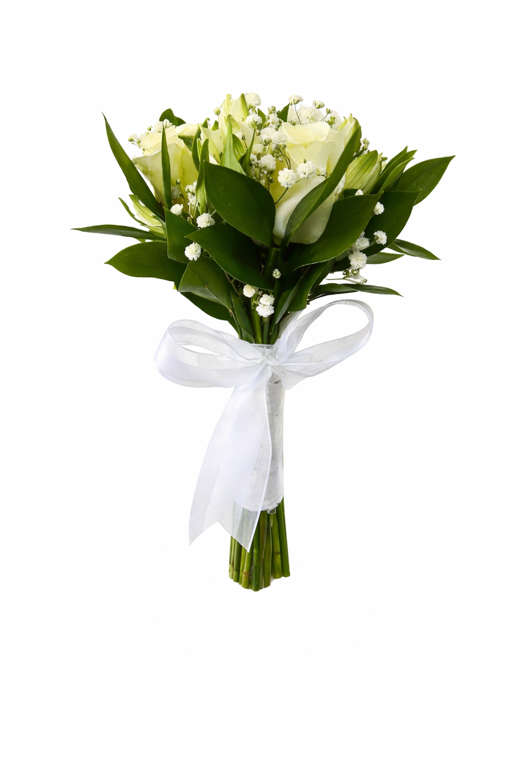 White bridal bouquet with delicate flowers for fairy garden decoration, featuring soft, elegant floral arrangements.