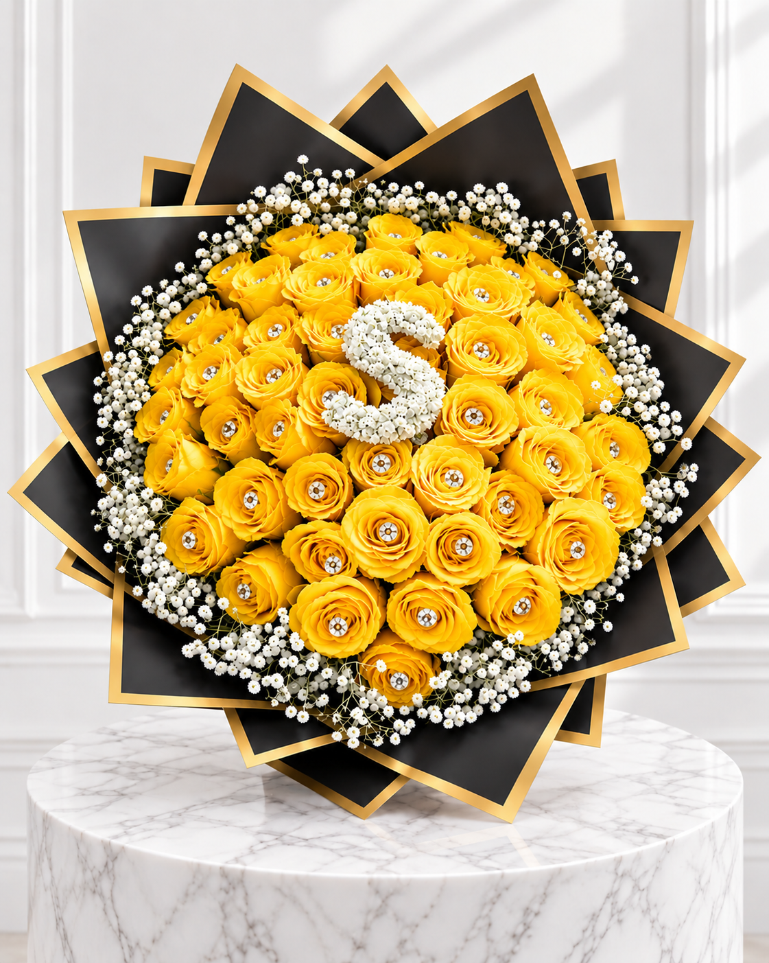 50-Stem Roses with Baby's Breath & Diamonds, Colour of Your Choice & One Letter