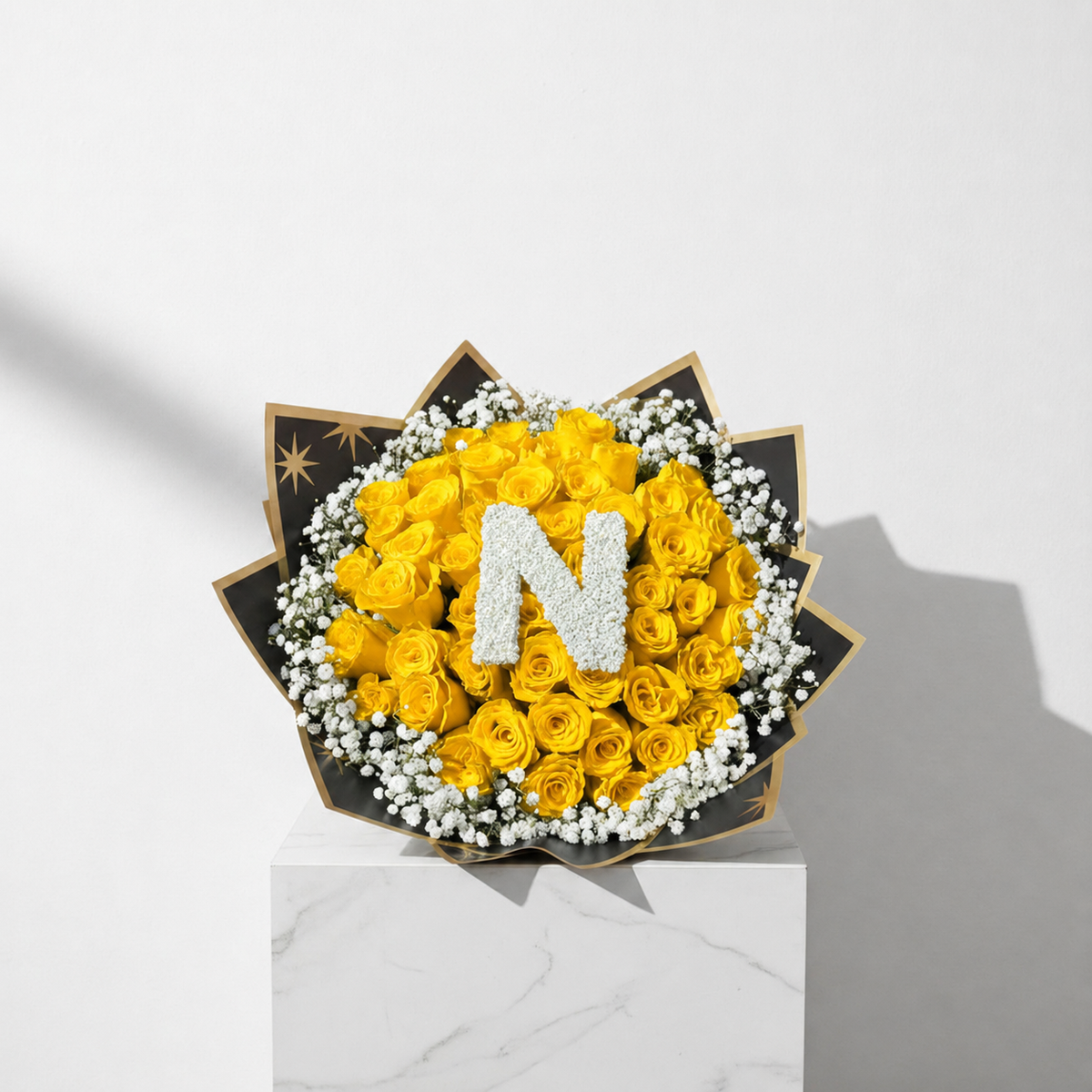 50-Stem Roses with Baby's Breath, Colour of Your Choice & One Letter