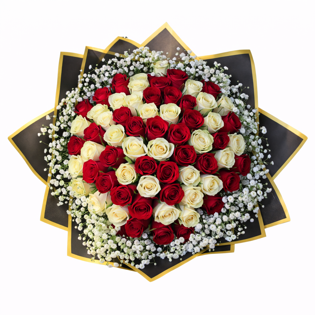 Bouquet of 60 white and red roses with baby's breath, showcasing fresh, vibrant floral arrangement from My Store.