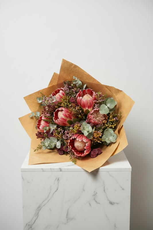 Colorful protea bloom arrangement with vibrant pink and green foliage, perfect for floral decor or centerpieces.