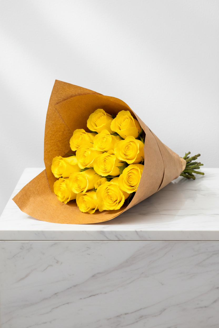 Bright yellow roses with 15 stems, fresh and vibrant, arranged in a natural bouquet. Perfect for gifting or decoration.