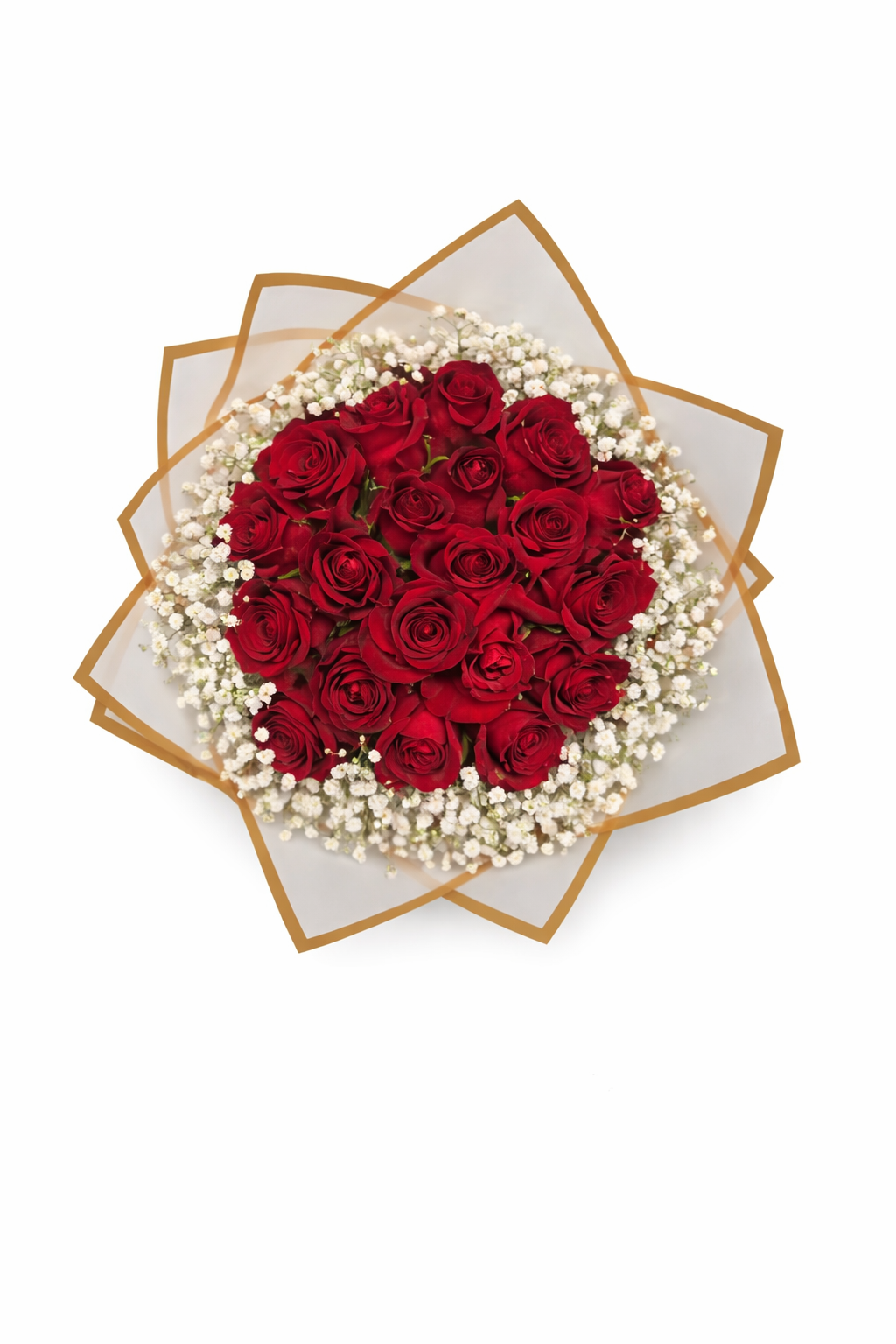 Red roses with 20 stems and touches of baby's breath, showcasing vibrant blooms and delicate white accents.