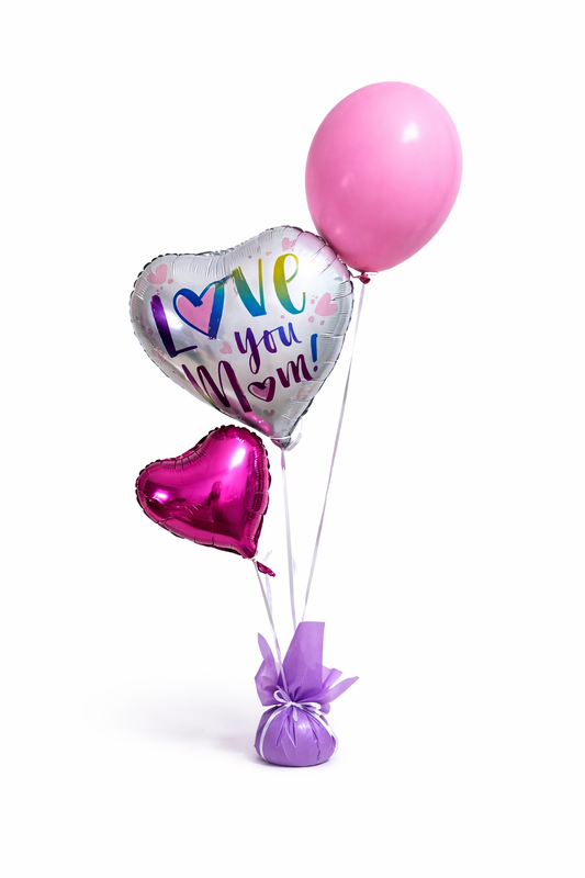 Pink and white "For Mom" balloon trio featuring heart-shaped and round balloons, perfect for celebrating moms.