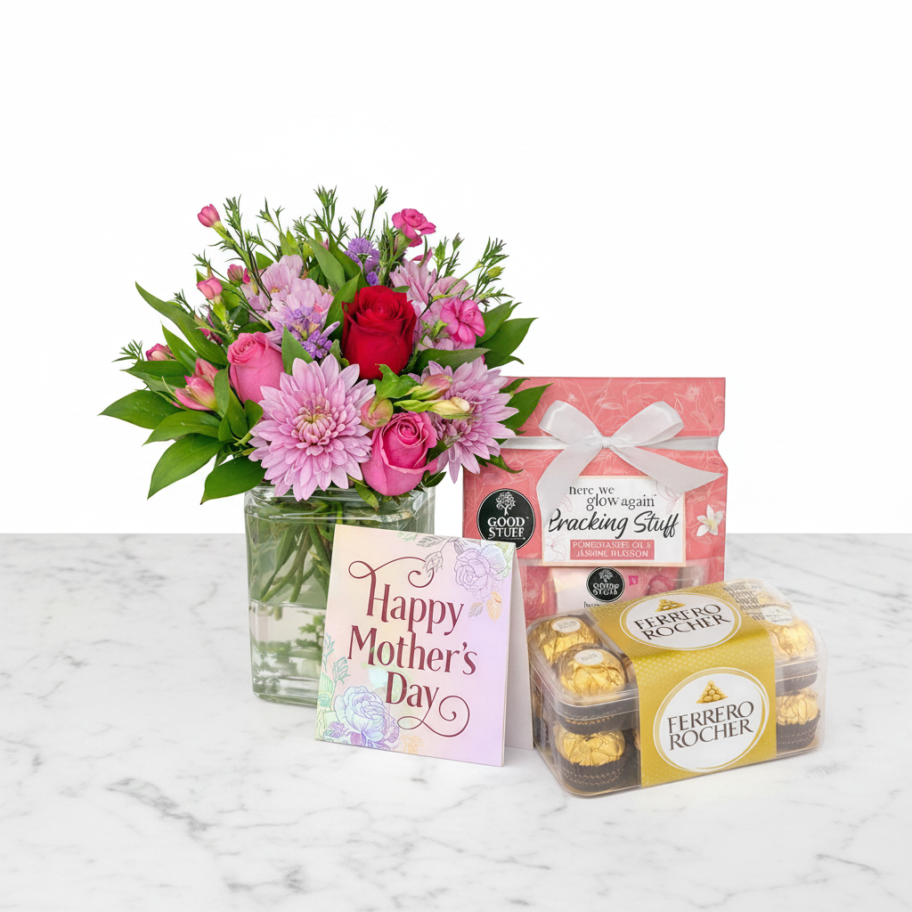 Jihaans Flower Emporium blush-colored gift hamper with flowers and elegant packaging, perfect for Mother’s Day celebrations.