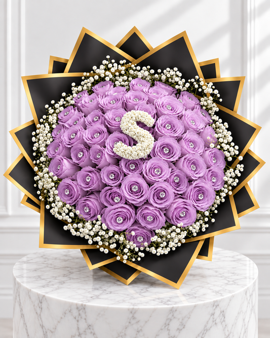 50-Stem Roses with Baby's Breath & Diamonds, Colour of Your Choice & One Letter