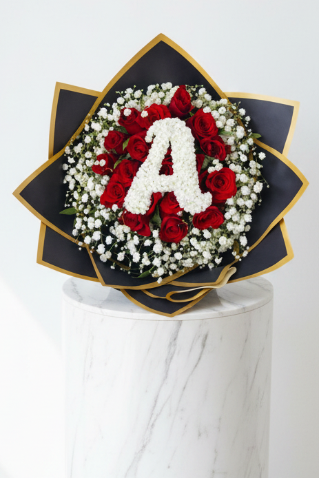 Assorted 25 stem roses with baby's breath and a customizable letter, arranged in a bouquet for special occasions.