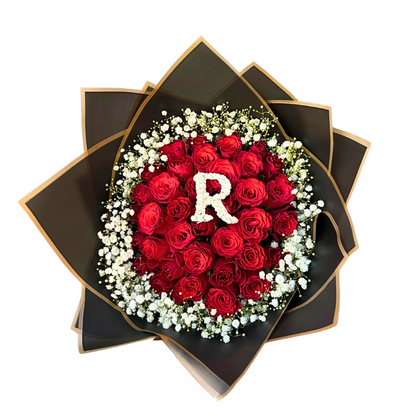 25 Stem Roses and Babies Breath  (with one Letter)  - Choose your own Colour - Jihaans Flower Emporium