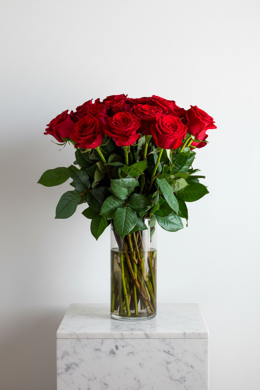Red roses arranged in a clear glass vase, fresh and vibrant, ideal for romantic or decorative floral displays.