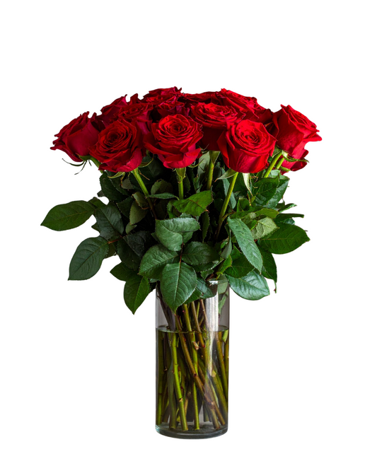 Red roses arranged in a glass vase, featuring 36 fresh roses from My Store, perfect for elegant floral decor.
