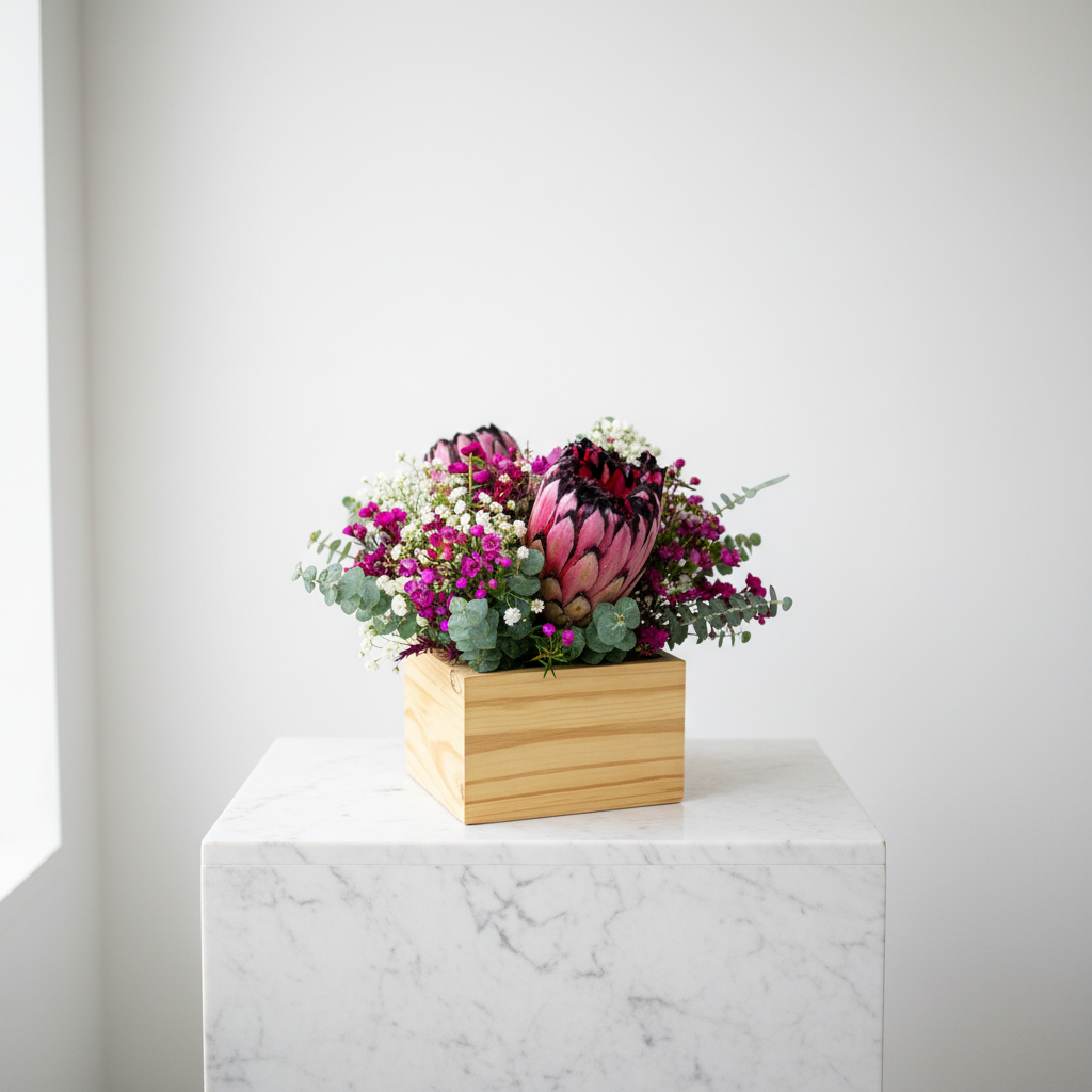 Colorful Protea Pops floral arrangement with vibrant protea flowers and greenery in a decorative display.